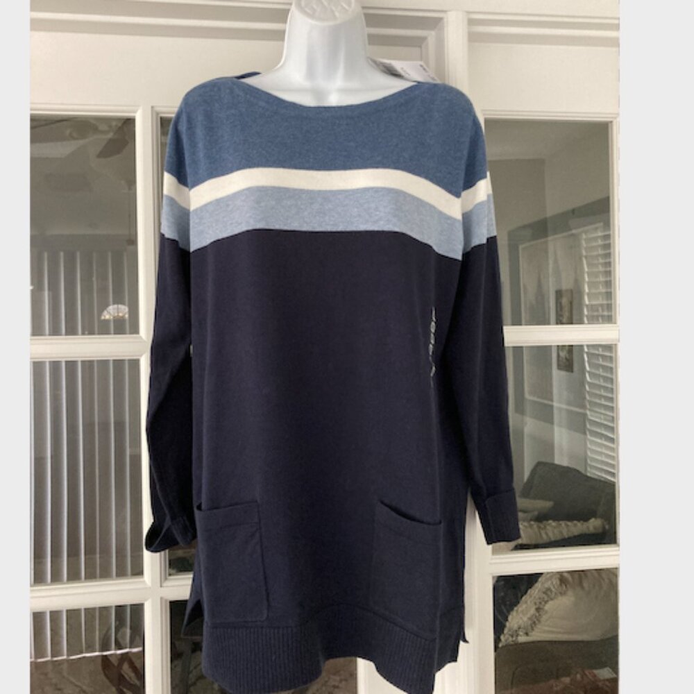 Jeanne Pierre Navy Slate Blue Striped Long Sleeve Pullover Sweater Large New